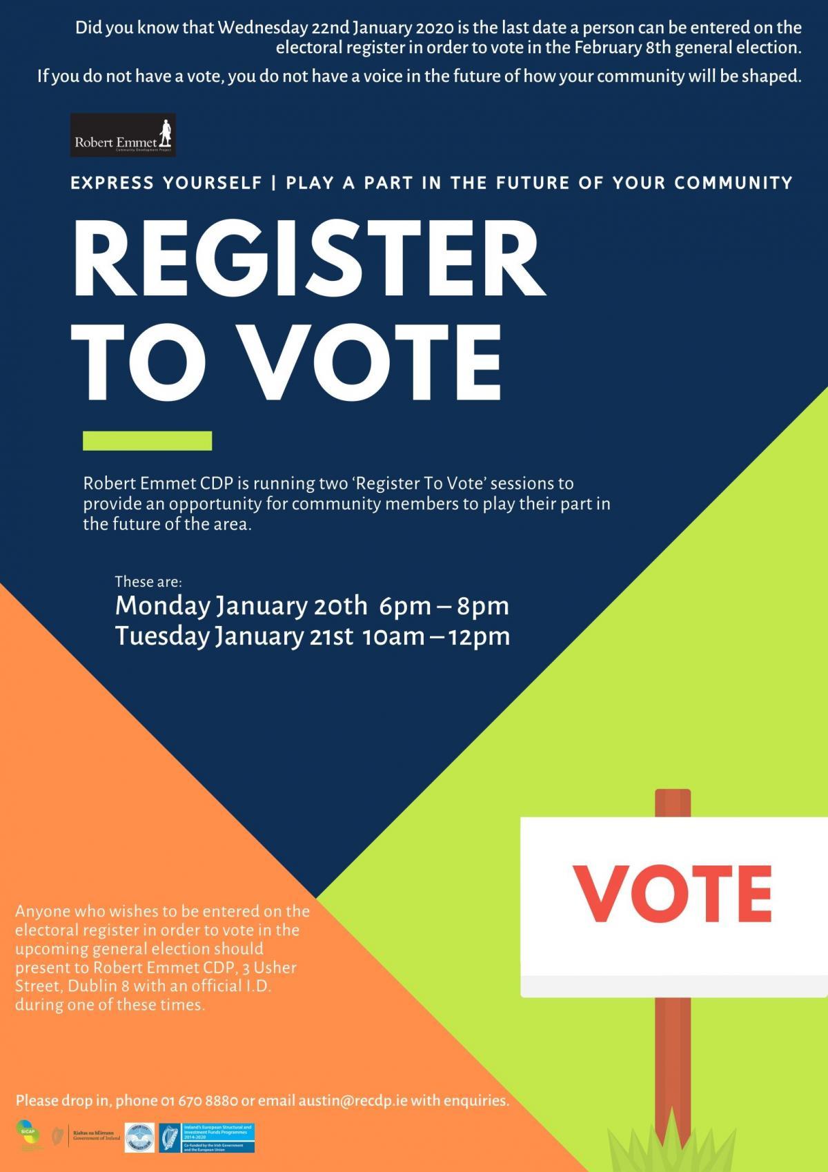 ‘Register to Vote’ sessions Dublin, 21& 22 Jan The Wheel